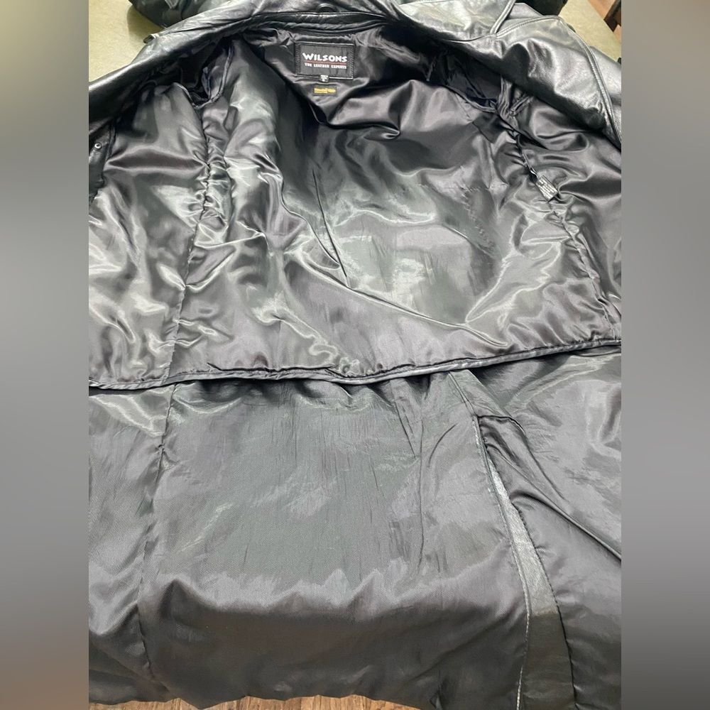 Wilson’s Blk Leather Double Breasted Belted Button Up Full Length Trench Coat M - Picture 10 of 14
